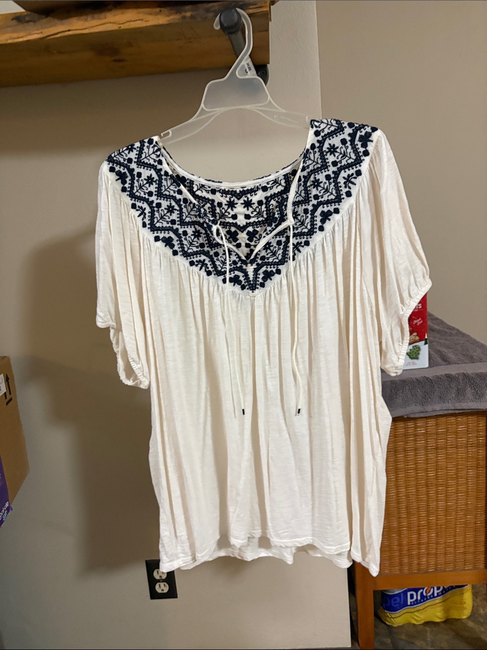 Cream Embroidered Yoke Tunic Top with Navy Detail